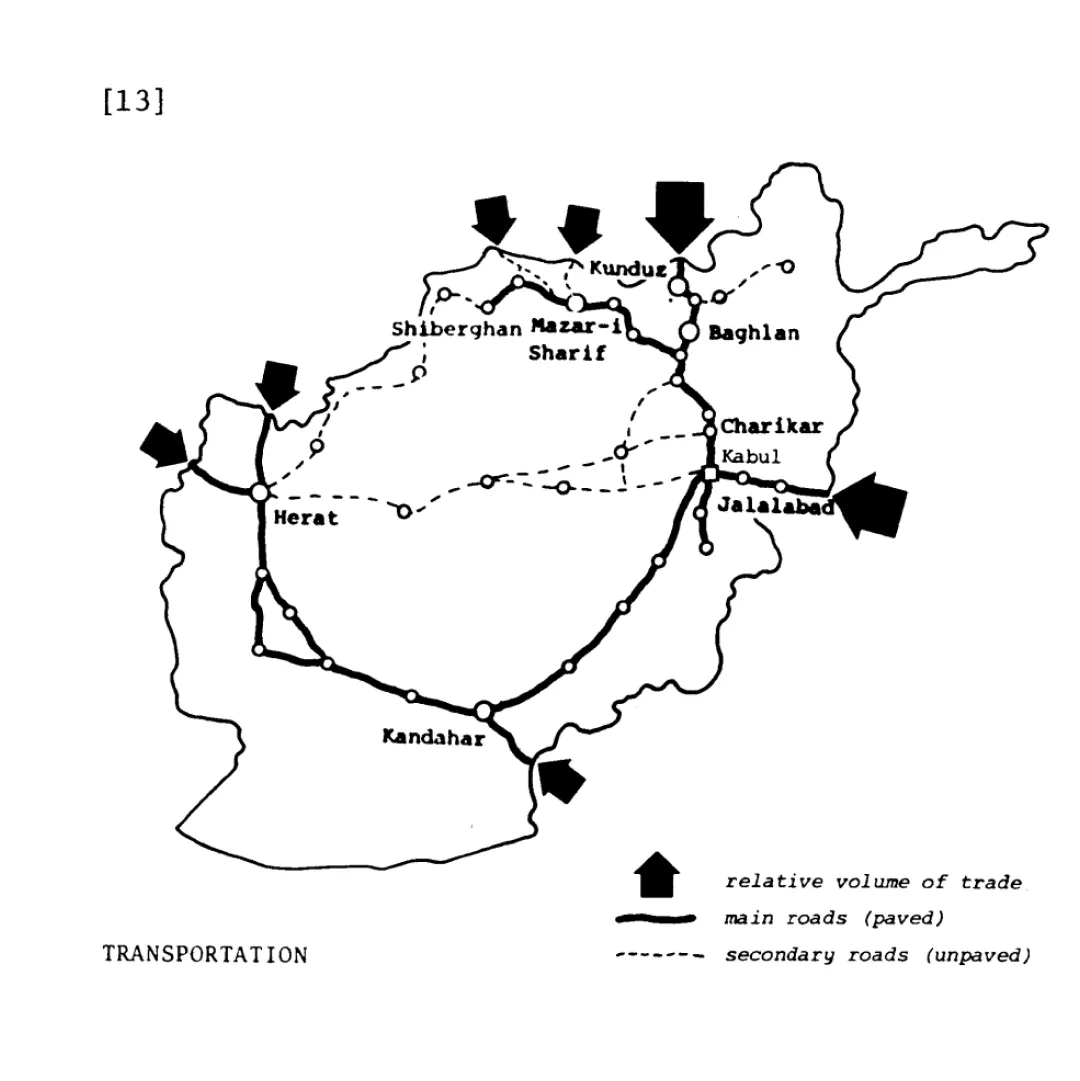 The original source of research I came across that inspired this network was a drawing of the paved and unpaved roads by architect Rafi Samizay. "Rafi Samizay, Urban Growth and Residential Prototypes in Kabul, Afghanistan by M. Rafi Samizay (MIT, 1974), 13."